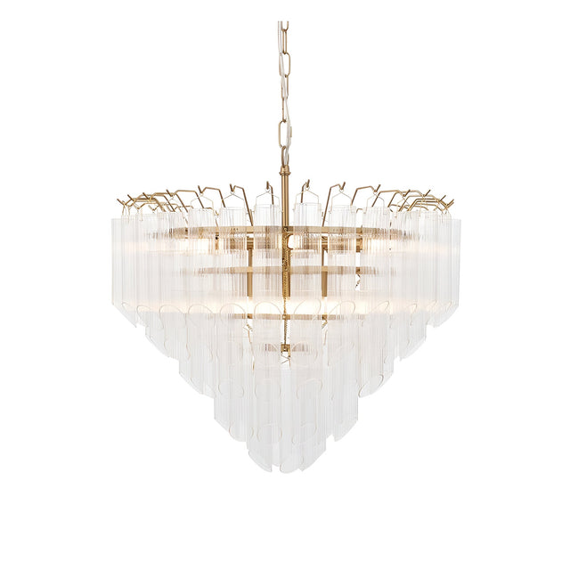 Cranshaw 12-light tiered pendant in satin brass with clear ribbed glass rods, suspended from a brass chain against a plain white background.