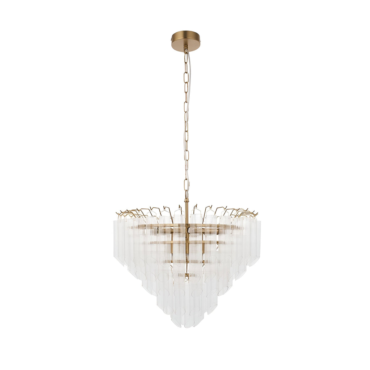 Cranshaw 12-Light Tiered Pendant in satin brass with clear ribbed glass rods forming a pyramid shape, hung from a brass chain.