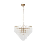Cranshaw 12-Light Tiered Pendant in satin brass with clear ribbed glass rods forming a pyramid shape, hung from a brass chain.