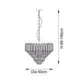 Cranshaw 12 light tiered pendant with cylindrical glass rods and brass metalwork, shown as a technical line drawing with height and diameter measurements.