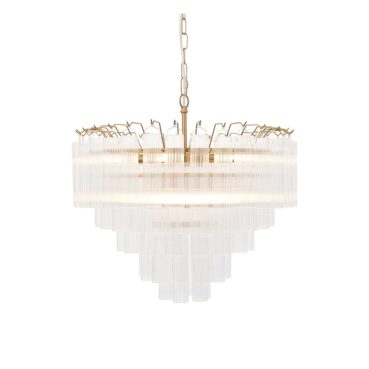 Endon Cranshaw 12 light tiered pendant in satin brass with ribbed clear glass cylinders, suspended from a chain on a plain white background.