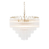 Endon Cranshaw 12 light tiered pendant in satin brass with ribbed clear glass cylinders, suspended from a chain on a plain white background.
