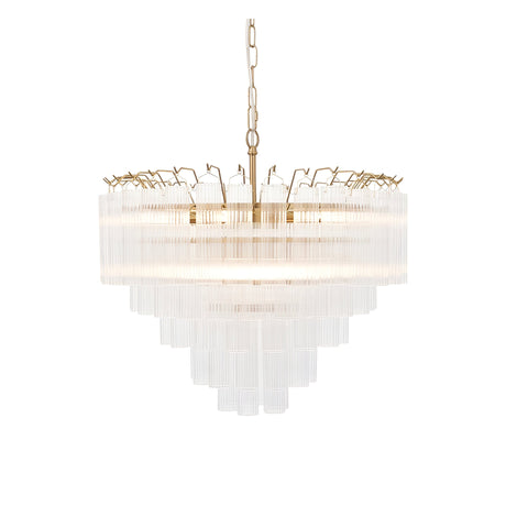 Endon Cranshaw 12 light tiered pendant in satin brass with ribbed clear glass cylinders, suspended from a chain on a plain white background.