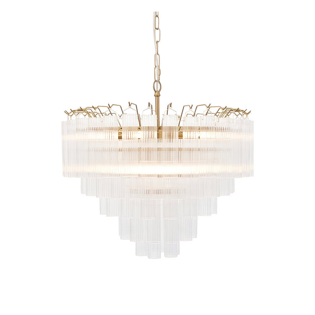 Endon Cranshaw 12 light tiered pendant in satin brass with ribbed clear glass cylinders, suspended from a chain on a plain white background.