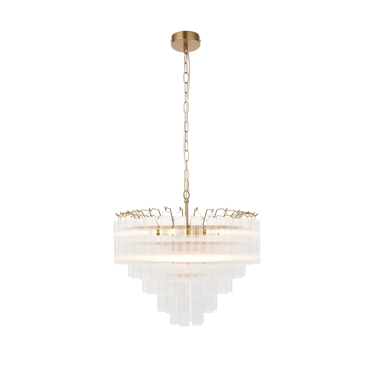 Endon Cranshaw 12 light tiered pendant in satin brass with ribbed clear glass cylinders layered in tiers, suspended on a chain against a white background.