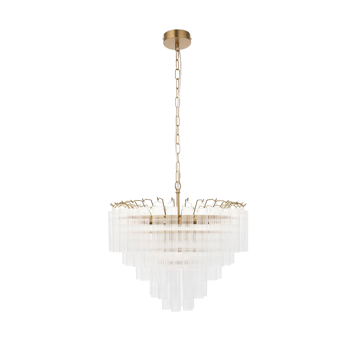 Endon Cranshaw 12 light tiered pendant in satin brass with ribbed clear glass cylinders, suspended from a chain against a plain white background.