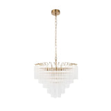 Endon Cranshaw 12 light tiered pendant in satin brass with ribbed clear glass cylinders, suspended from a chain against a plain white background.