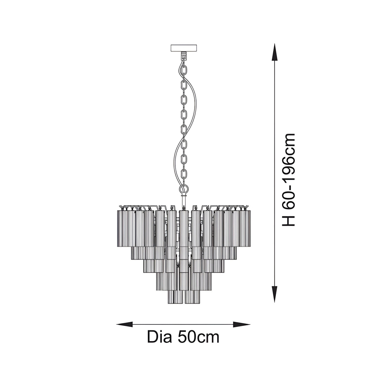 Dimension diagram of Endon Cranshaw 12 light tiered pendant in satin brass, showing 50cm diameter and adjustable 60-196cm height.