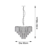 Dimension diagram of Endon Cranshaw 12 light tiered pendant in satin brass, showing 50cm diameter and adjustable 60-196cm height.