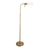 Endon Chartbourne floor lamp with a height-adjustable antique brass stem, tilting head and gloss opal glass shade, shown on a plain white background.