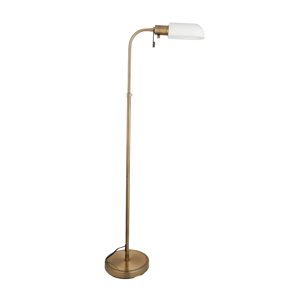Endon Chartbourne height-adjustable pharmacy floor lamp in antique brass with a gloss opal glass shade and rotary switch, on a plain white background.