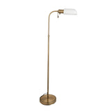 Endon Chartbourne height-adjustable pharmacy floor lamp in antique brass with a gloss opal glass shade and rotary switch, on a plain white background.