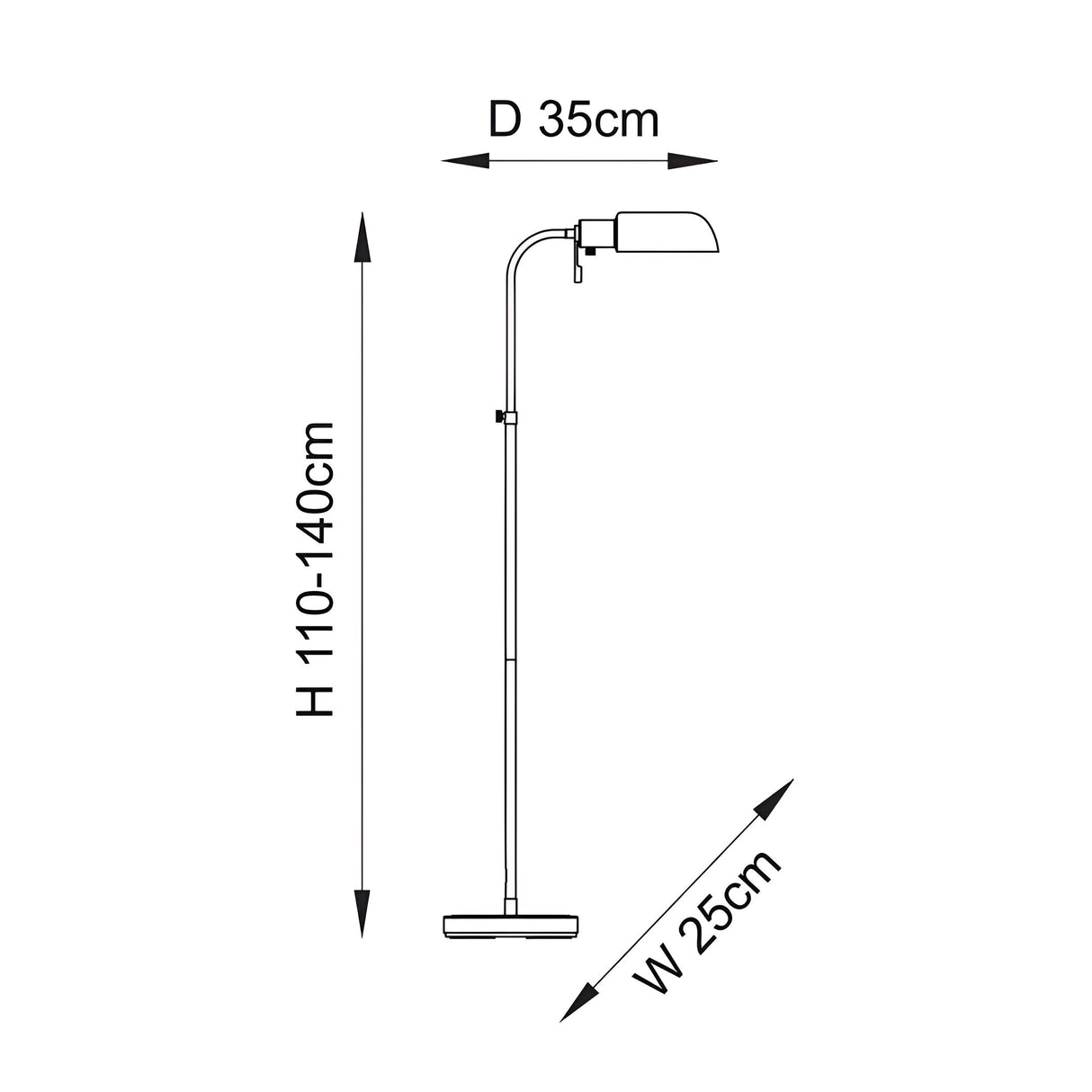 Dimension diagram of the Endon Chartbourne floor lamp showing adjustable height 110-140cm, width 25cm, and depth 35cm on a white background.