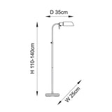 Dimension diagram of the Endon Chartbourne floor lamp showing adjustable height 110-140cm, width 25cm, and depth 35cm on a white background.