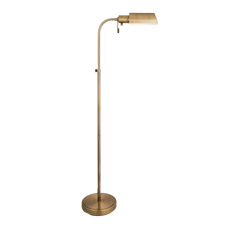 Endon Chartbourne height-adjustable pharmacy floor lamp with slim antique brass stem, tilting metal shade and round base, shown on a white background.