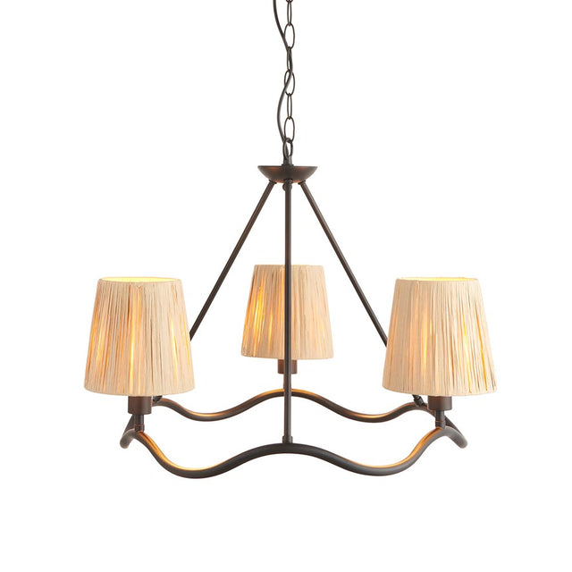 Endon Danemont 3 light pendant in black with a wave-shaped hoop carrying three hand-wrapped raffia tapered shades, suspended from a chain.