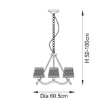 Endon Danemont 3 Light Pendant in black, dimensions diagram showing 60.5cm diameter and 52-100cm adjustable height with wave hoop and three tapered shades.