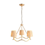Danemont 3 Light Pendant in brass with a wave-shaped hoop, three hand-wrapped raffia shades, and a hanging chain, shown on a plain white background.