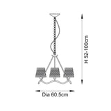 Technical line drawing of brass Danemont 3-Light Pendant with chain suspension, wave-shaped hoop, three fabric shades, 52-100cm height, 60.5cm diameter.
