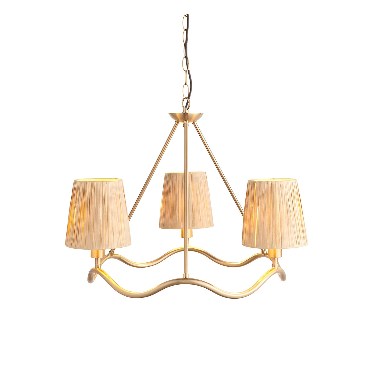 Danemont 3 Light Pendant in brass with a wave-shaped hoop holding three hand-wrapped raffia shades, suspended from a chain on a plain white background.