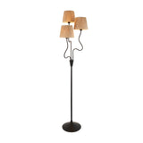 Endon Danemont 3 light floor lamp in matt black with three tapered hand-wrapped raffia shades on curved arms, shown on a plain white background.