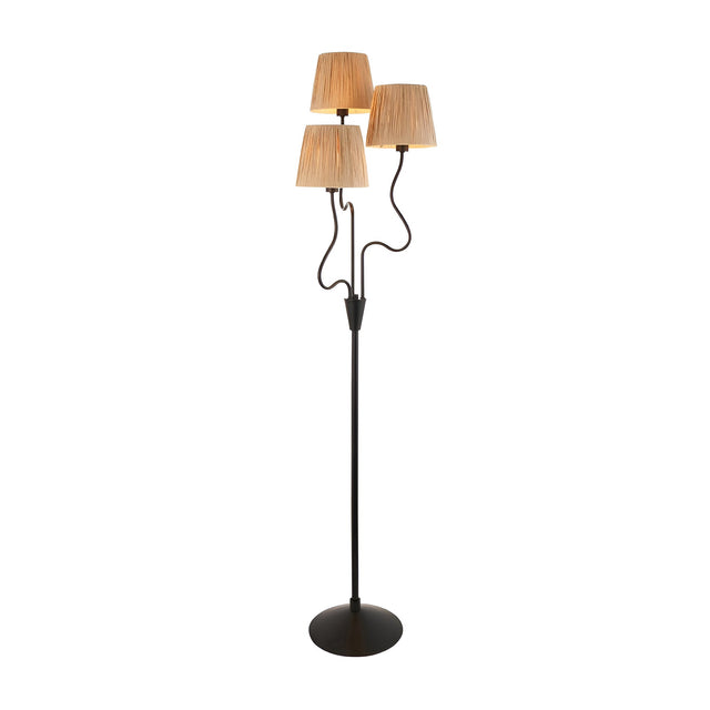 Endon Danemont 3 light floor lamp in matt black with three tapered hand-wrapped raffia shades on curved arms, shown on a plain white background.