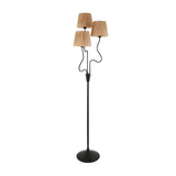 Endon Danemont 3 light floor lamp in matt black with three tapered hand-wrapped raffia shades on wriggle arms, shown against a plain white background.