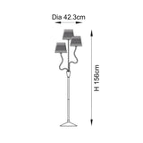 Dimension diagram of the Endon Danemont 3 Light Floor Lamp in black, showing 156cm height and 42.3cm diameter across three tapered shades.