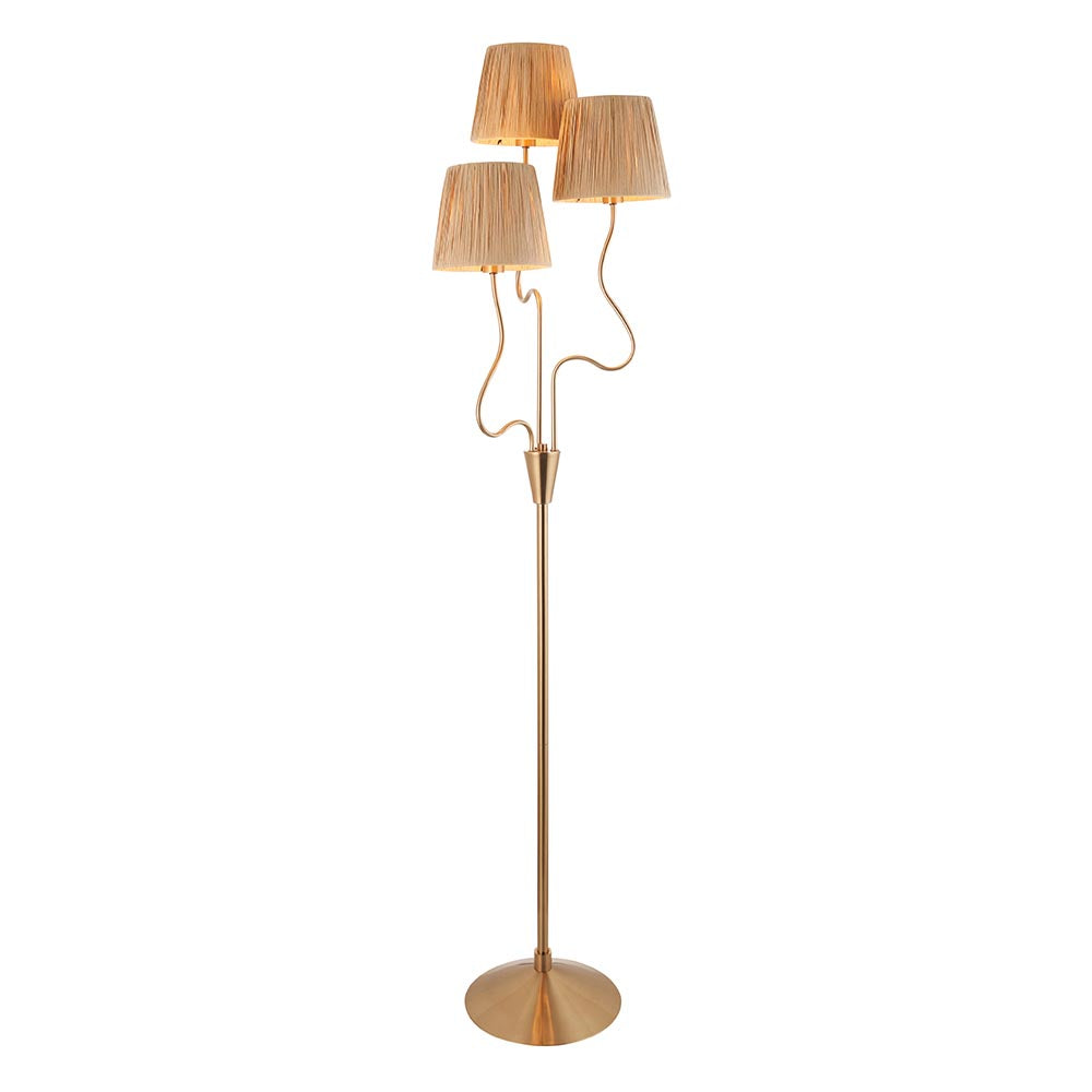 Danemont 3-light floor lamp in aged brass with a wriggle metal stem, curved arms holding tapered raffia shades, and a round base.