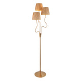 Danemont 3-light floor lamp in aged brass with a wriggle metal stem, curved arms holding tapered raffia shades, and a round base.