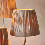 Danemont 3 Light Floor Lamp in aged brass, close-up of tapered raffia shades on brushed metal arms against a light background.