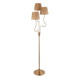 Danemont 3 Light Floor Lamp in aged brass, with wriggle stems rising to three tapered raffia shades, round base, on a plain white background.