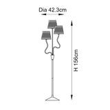 Line drawing of the Danemont 3 Light Floor Lamp in aged brass, showing three wavy arms with tapered shades, tripod base, H156cm x Dia42.3cm.