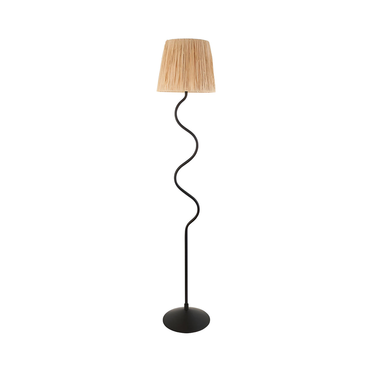 Endon Danemont floor lamp with a matt black wriggle-shaped metal stem, round base and tapered hand-wrapped raffia shade, on a plain background.