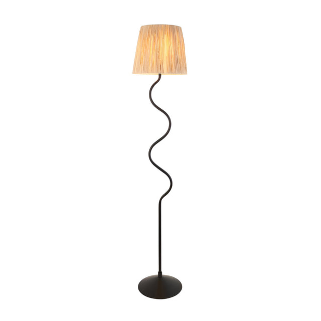 Endon Danemont floor lamp with a wriggle-shaped matt black metal stem and tapered hand-wrapped natural raffia shade, shown on a white background.
