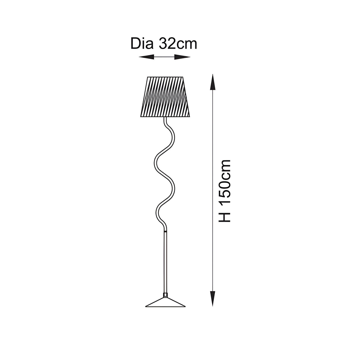 Dimension diagram of the Endon Danemont floor lamp showing a 150cm height and 32cm shade diameter on a plain background.