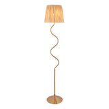 Endon Danemont floor lamp with a wriggle-shaped aged brass stem, round base, and tapered hand-wrapped raffia shade, shown on a white background.