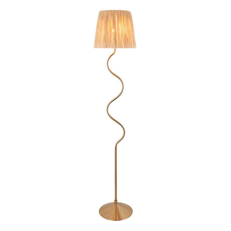 Endon Danemont floor lamp with a wriggle-shaped aged brass stem, round base, and tapered hand-wrapped raffia shade, shown on a white background.