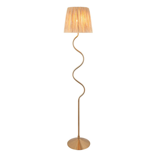 Endon Danemont floor lamp with a wriggle-shaped aged brass stem, round base, and tapered hand-wrapped raffia shade, shown on a white background.