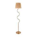 Endon Danemont floor lamp with a wriggle-shaped aged brass stem and tapered hand-wrapped raffia shade, shown on a plain white background.