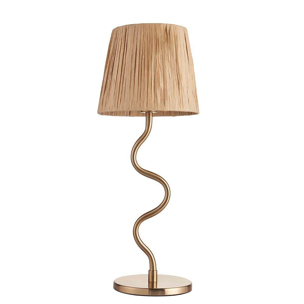 Endon Danemont table lamp with a tapered natural raffia shade on a slim wavy brushed brass stem and round base, shown on a white background.