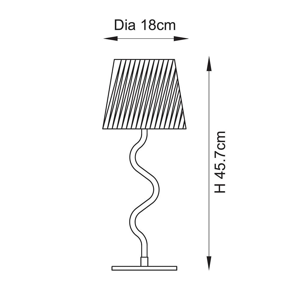 Endon Danemont table lamp dimensions diagram showing 45.7cm height and 18cm shade diameter, with tapered shade and wavy stem on a round base.