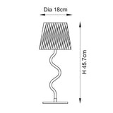 Endon Danemont table lamp dimensions diagram showing 45.7cm height and 18cm shade diameter, with tapered shade and wavy stem on a round base.