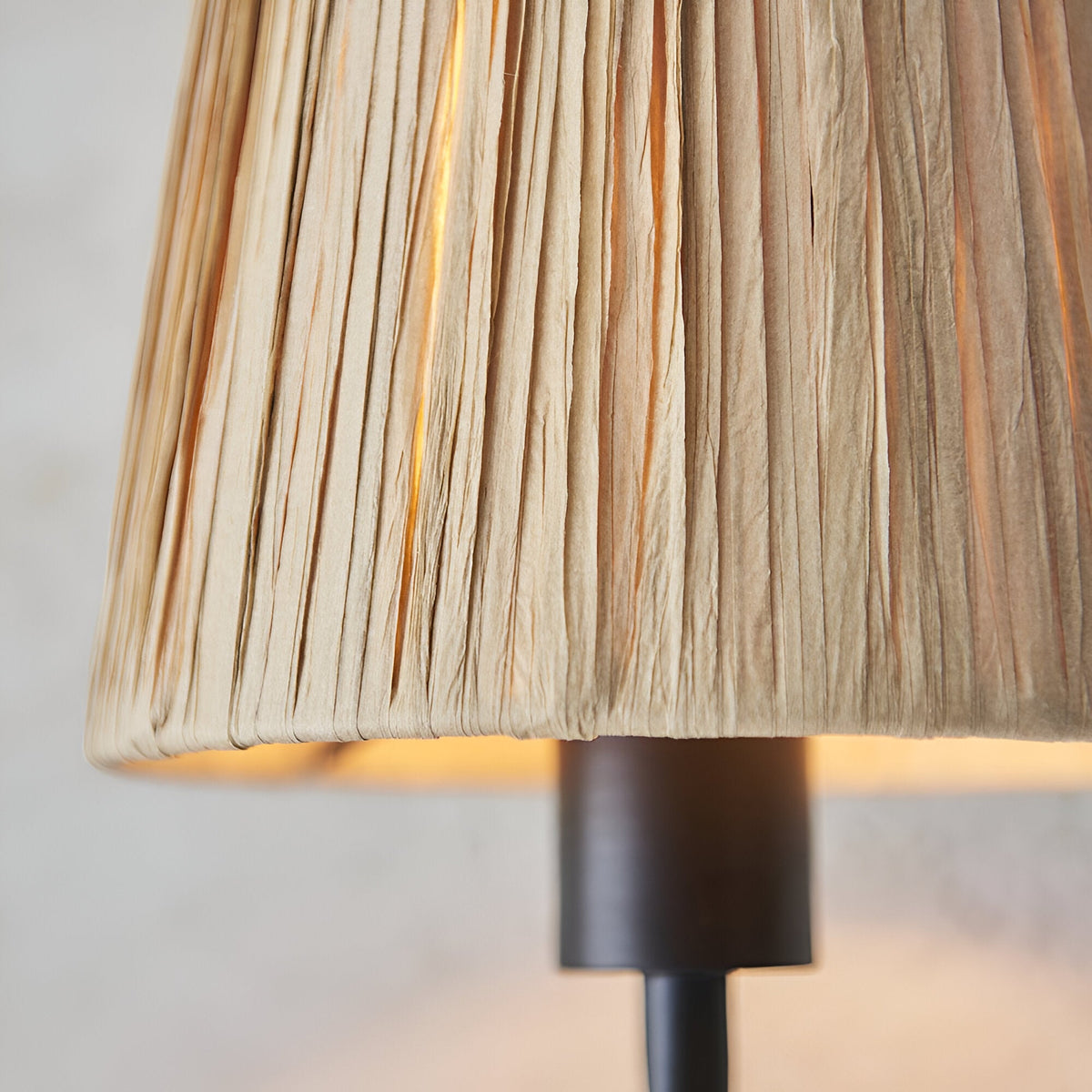 Close-up of the Endon Danemont wall light showing the pleated natural raffia shade and matt black metal fitting.
