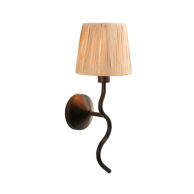 Endon Danemont wall light with a matt black wavy arm and hand-wrapped natural raffia tapered shade, shown on a plain white background.