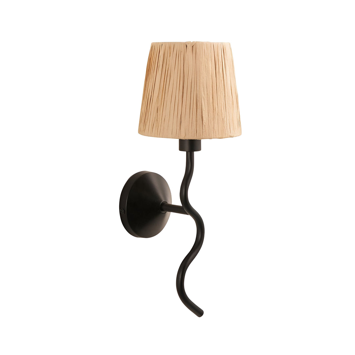 Endon Danemont wall light with wavy matt black metal arm and hand-wrapped natural raffia tapered shade, shown on a plain white background.