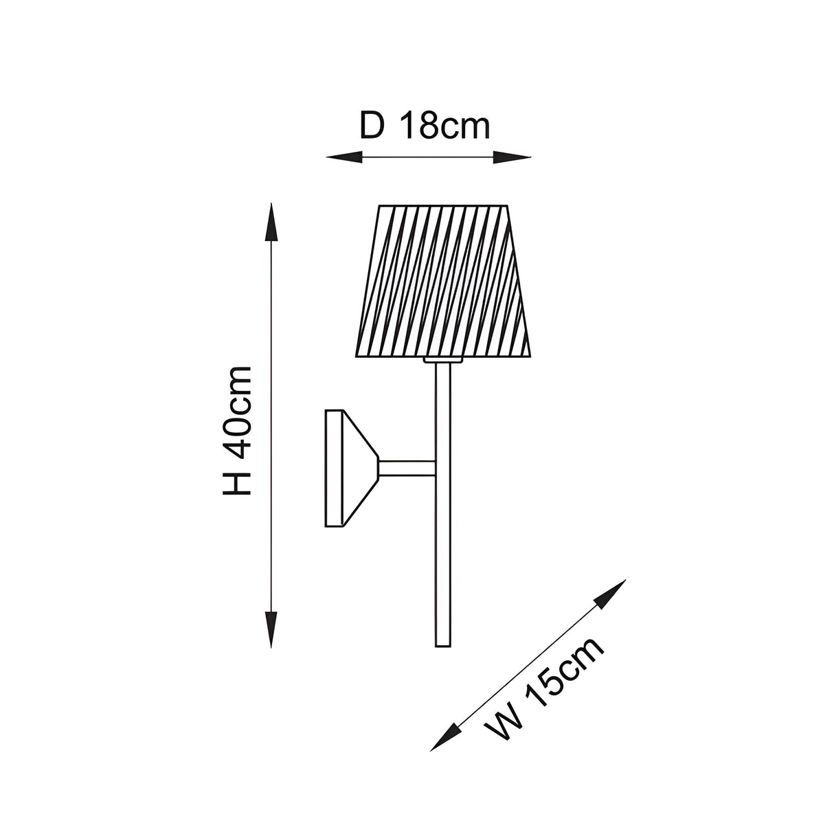 Endon Danemont wall light dimensions diagram showing 40cm height, 15cm width, and 18cm shade depth with tapered shade and shaped arm.