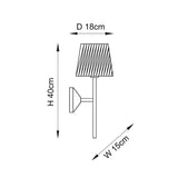 Endon Danemont wall light dimensions diagram showing 40cm height, 15cm width, and 18cm shade depth with tapered shade and shaped arm.