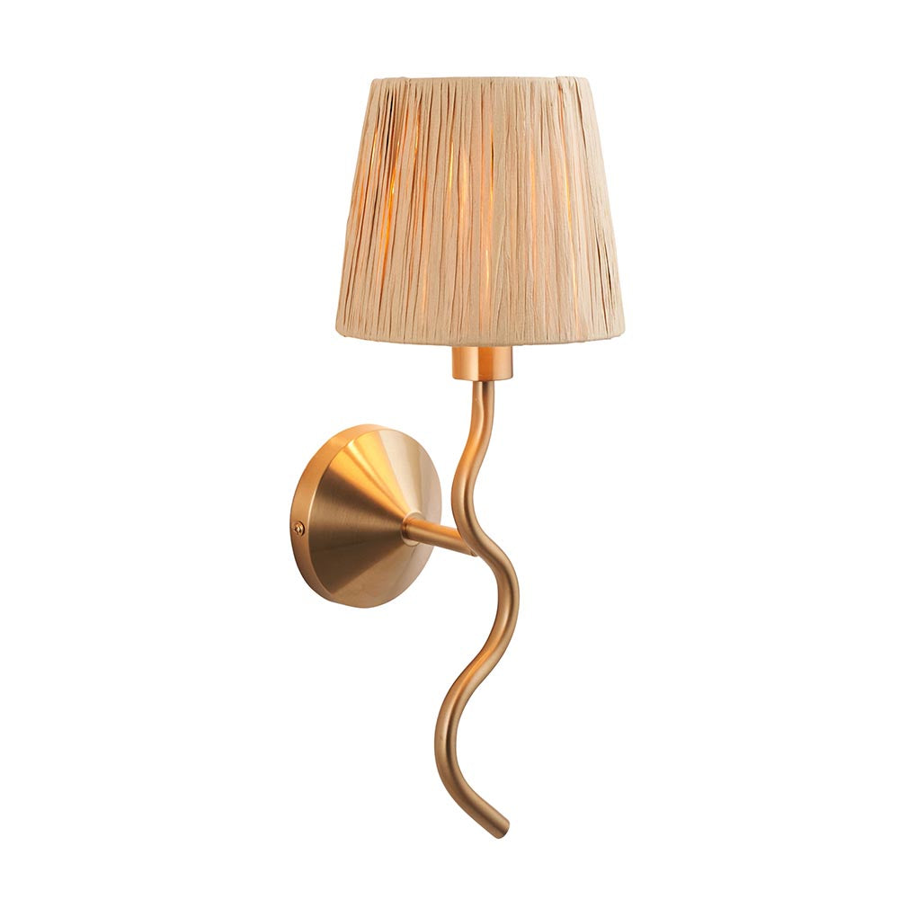 Danemont Wall Light with a wriggle-shaped brass metal arm and hand-wrapped natural raffia shade, round wall mount, shown on a plain white background.