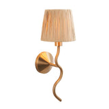 Danemont Wall Light with a wriggle-shaped brass metal arm and hand-wrapped natural raffia shade, round wall mount, shown on a plain white background.